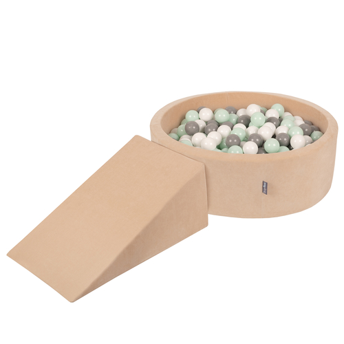 KiddyMoon Aire Velvet De Jeux en Mousse avec Rond Piscine à Balles pour Enfants, beige sableux: blanc/gris/menthe, Piscine (200 Balles) + Pente