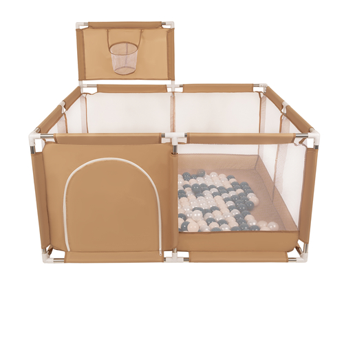 parc bébé avec balles plastiques aire de jeu pliable basket, beige : turquoise foncé/beige pastel/perle, 200 balles