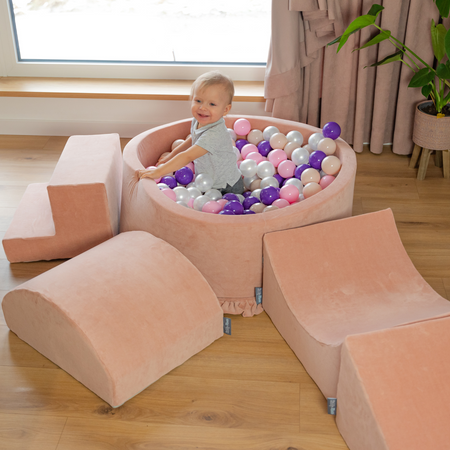 KiddyMoon Aire Velvet De Jeux en Mousse avec Rond Piscine à Balles pour Enfants, rose des sables: beige pastel/cuivre/perle, Piscine (200 Balles) + Version 5