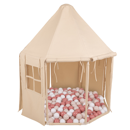 KiddyMoon Tente de Jeu Maison Pour Enfants En Forme De Pavillon De Jeu Pliable Tente Pop-Up Espace De Jeu Spacieux Et Confortable En Intérieur Et Extérieur, naturel: beige pastel/saumon/blanc, 300 Balles