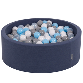 KiddyMoon Piscine à Balles ∅ 7Cm pour Bébé Rond Fabriqué En UE, bleu foncé:gris/blanc/transparent/babyblue, 90x30cm/300 balles