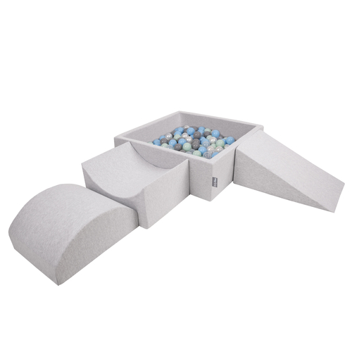KiddyMoon Aire De Jeux en Mousse avec Carré Piscine À Balles pour Enfants, gris clair: perle/gris/transparent/babyblue/menthe, Piscine (200 Balles) + Version 4
