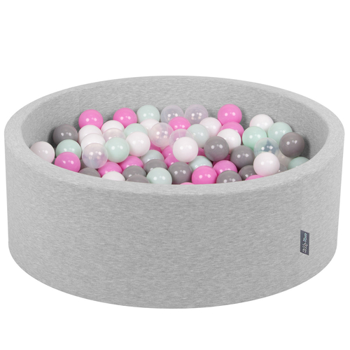 KiddyMoon Piscine à Balles ∅ 7Cm pour Bébé Rond Fabriqué En UE, gris clair:transparent/gris/blanc/rose/menthe, 90x30cm/200 Balles