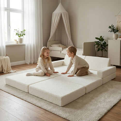 KiddyMoon Canapé Enfant en Mousse et Housse Teddy, Modulaire et Pliable, avec 2 Coussins, pour Jouer, Lire et se Détendre, crème, Canapés avec 2 Oreillers