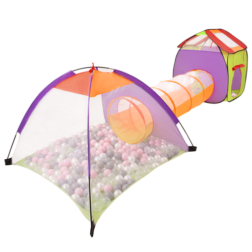 3en1 Tente de Jeux avec Tunnel Piscine à Boules avec Balles pour Enfants, Multicolore:perle/gris/transparent/rose poudré, 200 balles