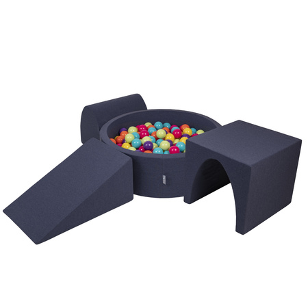 KiddyMoon Aire De Jeux en Mousse avec Rond Piscine à Balles pour Enfants, bleu foncé:vertClr/jaune/turq/orange/rfoncé/violet, Piscine (200 Balles) + Version 2