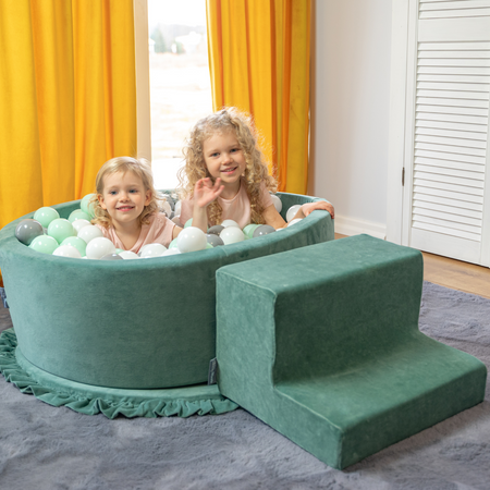 KiddyMoon Aire Velvet De Jeux en Mousse avec Rond Piscine à Balles pour Enfants, beige sableux: beige pastel/saumon/blanc, Piscine (100 Balles) + Marches