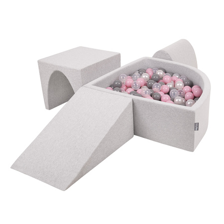 KiddyMoon Aire De Jeux en Mousse avec Quart Angulaire Piscine À Balles pour Bébé, gris clair: perle/gris/transparent/rose poudré, Piscine (200 Balles) + Version 2