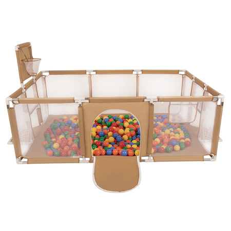 Parc Bébé avec Balles Plastiques Aire De Jeu Pliable Basket Football, beige : jaune/vert/bleu/rouge/orange, 200 balles