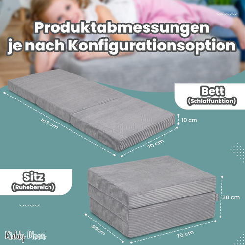 KiddyMoon Matelas Enfant Pliable en Mousse Matelas Pouf pour Tout-Petits, Chambre d'Enfant, gris foncé, Matelas avec Oreiller