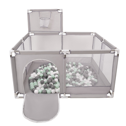 parc bébé avec balles plastiques aire de jeu pliable basket, Gris:blanc/gris/menthe, 100 balles