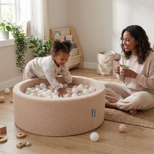 KiddyMoon Piscine à Balles Boules 7 cm pour un Remplissage plus Généreux Pour Bébés au Housse Teddy, Convient dès 8 Mois, Beige: Beige Pastel/Marron/Perle