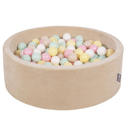 KiddyMoon Velours Piscine à Balles ∅7Cm pour Bébé Rond Fabriqué en EU, beige sableux: beige pastel/jaune pastel/blanc/menthe/ rose poudré, 90x30cm/200 balles