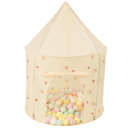 Tente de Jeu Pour Enfants Château Maison de Jeu En Forme De Pavillon De Jeu Avec Balles Pliable Tente Pop-Up Enfant Motifs D'Étoiles Et De Cœurs, beige clair: beige pastel/jaune pastel/blanc/menthe/rose poudré, 100 balles
