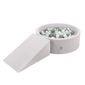 KiddyMoon Aire De Jeux en Mousse avec Rond Piscine à Balles pour Enfants, gris clair: blanc/gris/menthe, Piscine (200 Balles) + Pente