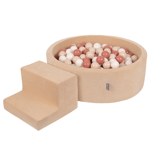 KiddyMoon Aire Velvet De Jeux en Mousse avec Rond Piscine à Balles pour Enfants, beige sableux: beige pastel/saumon/blanc, Piscine (200 Balles)+ Marches