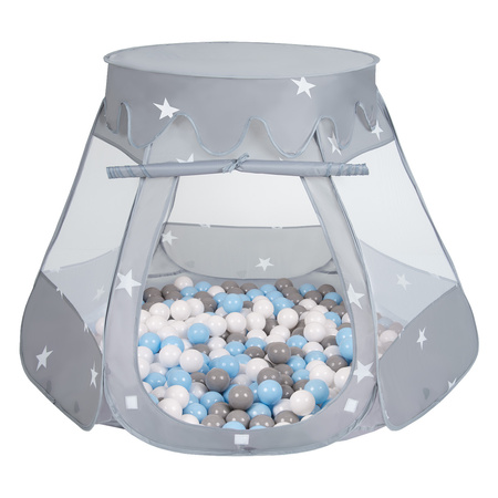 Tente Château Pour Enfants Tente de Jeu Avec Balles Colorées Jouet Cabane Pop-up Château Facile À Monter Maison de Jeu Pour Intérieur et Extérieur, gris:gris/blanco/babyblue, 105x90cm/100 balles