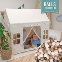 KiddyMoon Tente de Jeu Pour Enfants Maison De Jeu Pliable Tente Enfant Espace Créatif Pour Enfants Coin Douillet Idéal Pour Jouer À L’Intérieur Et À L’Extérieur, naturel: beige pastel/blanc/or, 300 Balles