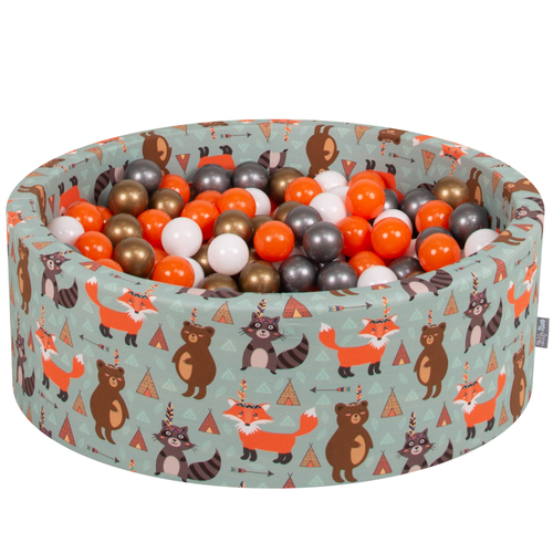 KiddyMoon Piscine à Balles ∅ 7Cm pour Bébé Rond Fabriqué En UE, renard-vert:orange/argenté/or/blanc, 90x30cm/300 balles