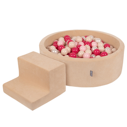 KiddyMoon Aire Velvet De Jeux en Mousse avec Rond Piscine à Balles pour Enfants, beige sableux: beige pastel/rose poudré/perle/rose foncé, Piscine (100 Balles) + Marches