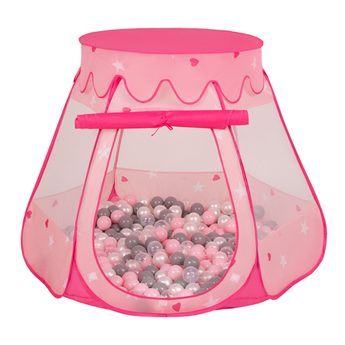 Tente Château Pour Enfants Tente de Jeu Avec Balles Colorées Jouet Cabane Pop-up Château Facile À Monter Maison de Jeu Pour Intérieur et Extérieur, rose: perle-gris-transparent-rose poudré, 105x90cm/600 balles