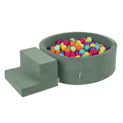 KiddyMoon Aire Velvet De Jeux en Mousse avec Rond Piscine à Balles pour Enfants, vert forêt: vert clair/turquoise/orange/rose foncé/violet, Piscine (100 Balles) + Marches