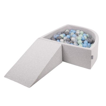 KiddyMoon Aire De Jeux en Mousse avec Quart Angulaire Piscine À Balles pour Bébé, gris clair: perle/gris/transparent/babyblue/menthe, Piscine (200 Balles) + Pente