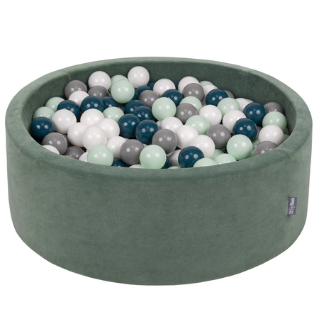KiddyMoon Velours Piscine à Balles ∅7Cm pour Bébé Rond Fabriqué en EU, vert forêt: turquoise foncé/gris/blanc/menthe, 90x30cm/200 balles