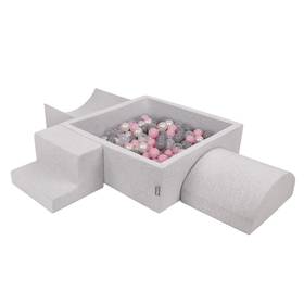 KiddyMoon Aire De Jeux en Mousse avec Carré Piscine À Balles pour Enfants, gris clair: perle/gris/transparent/rose poudré, Piscine (300 Balles) + Version 6