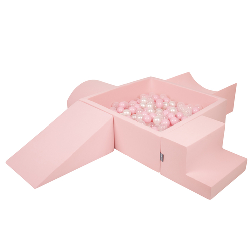 KiddyMoon Aire De Jeux en Mousse avec Carré Piscine À Balles pour Enfants, rose:rose poudre/perle/transparent, Piscine (300 Balles) + Version 5