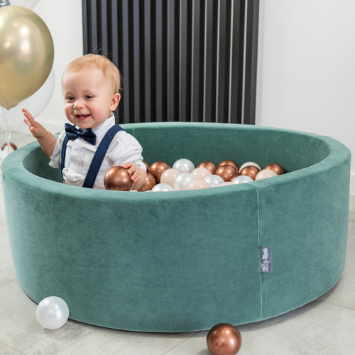 KiddyMoon Velours Piscine à Balles ∅7Cm pour Bébé Rond Fabriqué en EU, vert forêt: beige pastel/cuivre/perle, 90x30cm/300 Balles