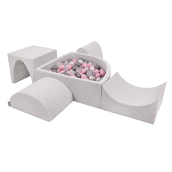 KiddyMoon Aire De Jeux en Mousse avec Quart Angulaire Piscine À Balles pour Bébé, gris clair: perle/gris/transparent/rose poudré, Piscine (200 Balles) + Version 1