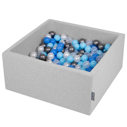KiddyMoon Piscine à Balles ∅ 7Cm pour Bébé Carré Fabriqué En UE, gris clair:perle/bleu/babyblue/transparent/argent, 90x40cm/300 balles