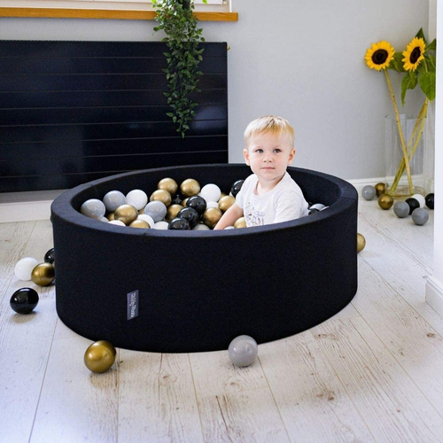 KiddyMoon Piscine à Balles ∅ 7Cm pour Bébé Rond Fabriqué En UE, Toucan: noir/blanc/orange/jaune, 90x30cm/300 balles