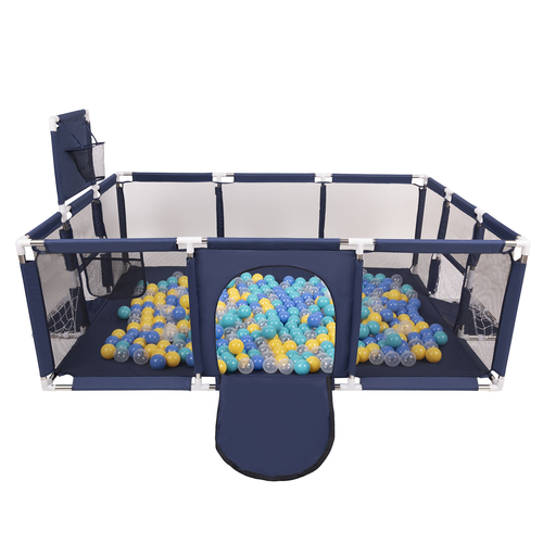 Parc Bébé avec Balles Plastiques Aire De Jeu Pliable Basket Football, Bleu foncé:turquoise/bleu/jaune/transparent, 900 balles