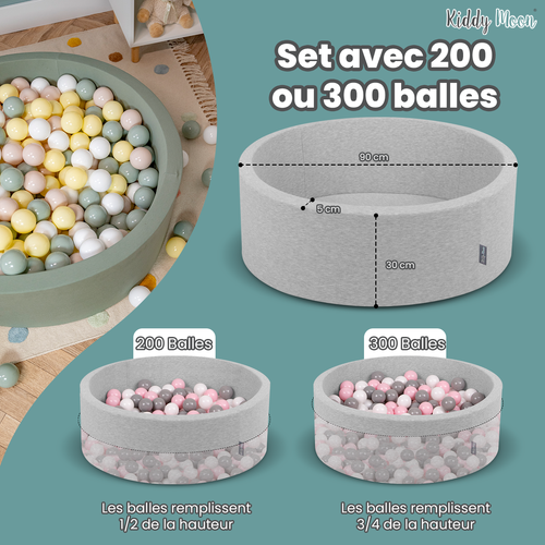 KiddyMoon Piscine à Balles ∅ 7Cm pour Bébé Rond Fabriqué En UE, gris foncé:blanc/gris/rose clair, 90x30cm/200 balles