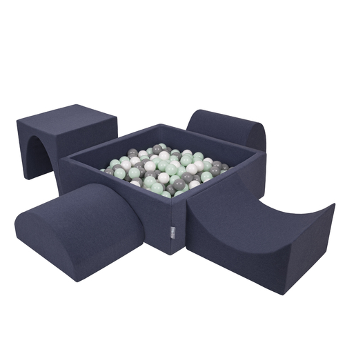 KiddyMoon Aire De Jeux en Mousse avec Carré Piscine À Balles pour Enfants, bleu foncé:blanc/gris/menthe, Piscine (300 Balles) + Version 1
