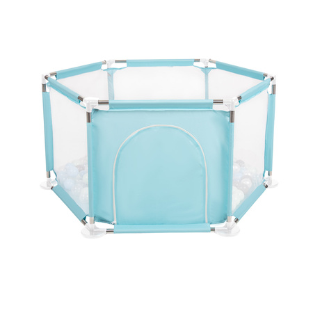 parc bébé hexagonal pliable avec balles plastiques, Mentha:perle/gris/transparent/babyblue/mentha, 200 balles