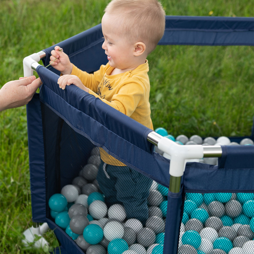 parc bébé hexagonal pliable avec balles plastiques, Bleu:turquoise/bleu/jaune/transparent, 400 balles