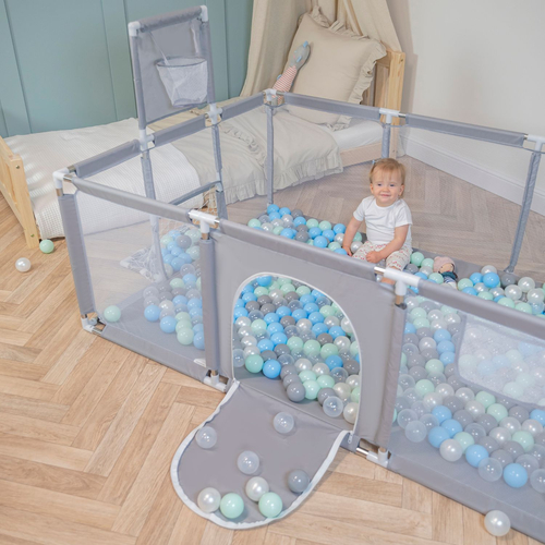 Parc Bébé avec Balles Plastiques Aire De Jeu Pliable Basket Football, gris:perle/gris/transparent/babyblue/menthe, 200 balles