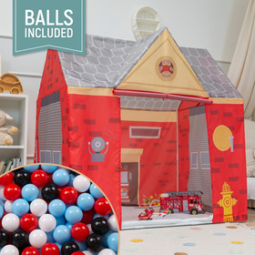 Tente De Jeu Pompier pour Enfants Forme De Pavillon Pour Bébés Design Pliable Tente Pop-Up Réaliste Inspiré Utilisation Intérieure Et Extérieure, rouge-gris: noir/blanc/rouge/babyblue, 200 Balles