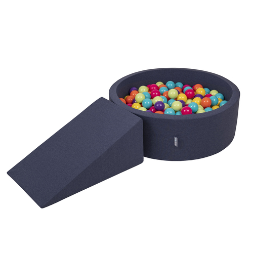 KiddyMoon Aire De Jeux en Mousse avec Rond Piscine à Balles pour Enfants, bleu foncé:vertClr/jaune/turq/orange/rfoncé/violet, Piscine (100 Balles)+ Pente