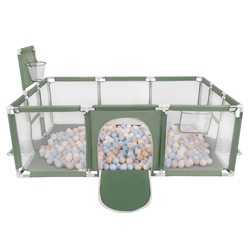 Parc Bébé avec Balles Plastiques Aire De Jeu Pliable Basket Football, vert : beige pastel/bleu pastel/blanc, 100 balles