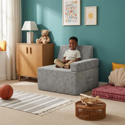 KiddyMoon Coussin Sauteur Enfant Mini Trampoline Interieur Rembourrage A Ressorts Housse Amovible En Tissu Cotele Deux Poignees Des 3 Ans, Gris Foncé, Mini Trampoline Avec Dossier Et Accoudoir