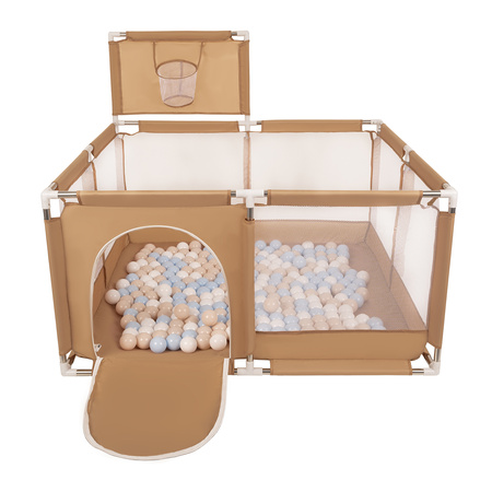 parc bébé avec balles plastiques aire de jeu pliable basket, beige : beige pastel/bleu pastel/blanc, 400 balles