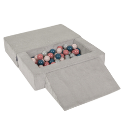 KiddyMoon Canapé en Mousse pour Enfants avec Balles et Pente Parfait Pour la Chambre D'enfant Léger Modulable Confortable Sécurisé Idéal pour Jouer et Se Détendre, gris clair: turquoise foncé/beige pastel/vert-gris/saumon, Canapé/Pente + 100 Balles
