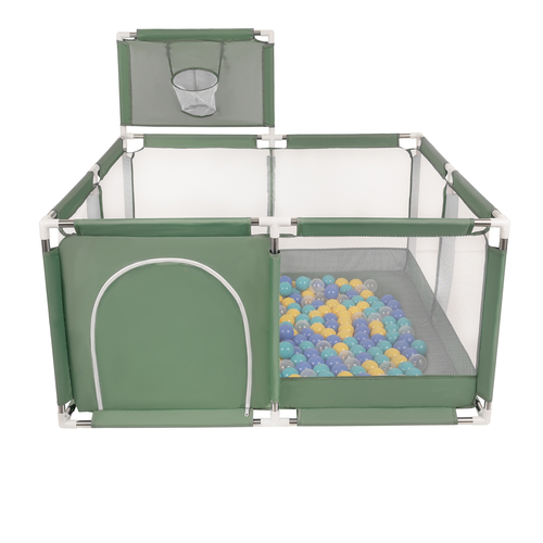 parc bébé avec balles plastiques aire de jeu pliable basket, vert : turquoise/bleu/jaune/transparent, 100 balles