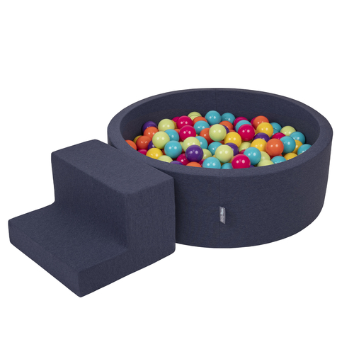 KiddyMoon Aire De Jeux en Mousse avec Rond Piscine à Balles pour Enfants, bleu foncé:vertClr/jaune/turq/orange/rfoncé/violet, Piscine (100 Balles) + Marches