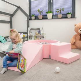 KiddyMoon Aire De Jeux en Mousse avec Rond Piscine à Balles pour Enfants, rose: bleu pastel/jaune pastel/blanc/menthe/rose poudré, Piscine (100 Balles) + Marches