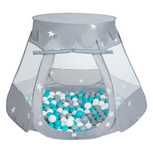 Tente Château Pour Enfants Tente de Jeu Avec Balles Colorées Jouet Cabane Pop-up Château Facile À Monter Maison de Jeu Pour Intérieur et Extérieur, gris: gris-blanc-turquoise, 105x90cm/200 balles